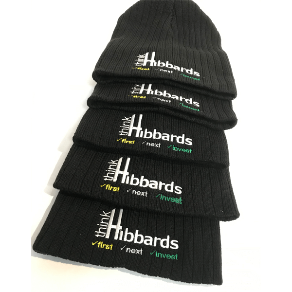 Embroidery Hibbards logo on black Wool beanies