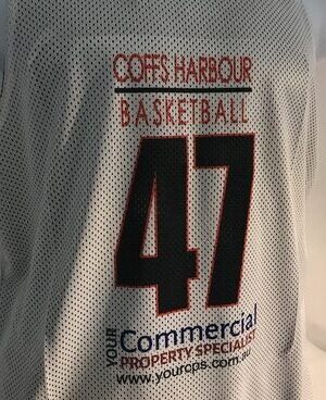 Sublimation Michelle Timms, Coffs Harbour basketball and your commercial property specialist on White Reversible Singlet